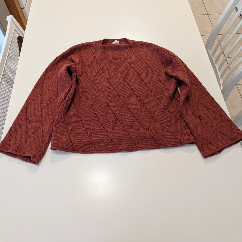Hem & Thread‎ Rust Brown Diamond Pointelle Knit Sweater Crew Neck Large